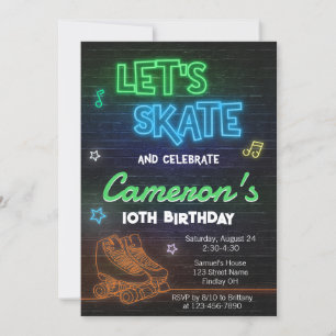 Invitation Patinoire à rouleaux Neon fête d'anniversaire