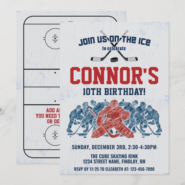 Invitation Patinoire de hockey sur glace fête d'anniversaire, (Devant / Derrière)