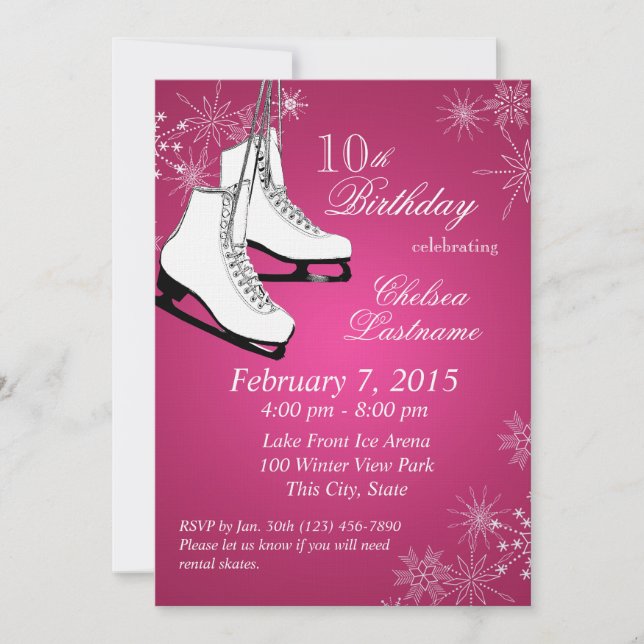 Invitation Patins à glace et flocons de neige rose Anniversai (Devant)