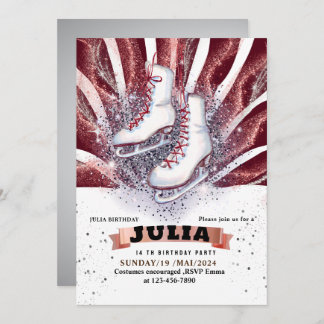 Invitation patins à glace patinage argent brillant brun rouge