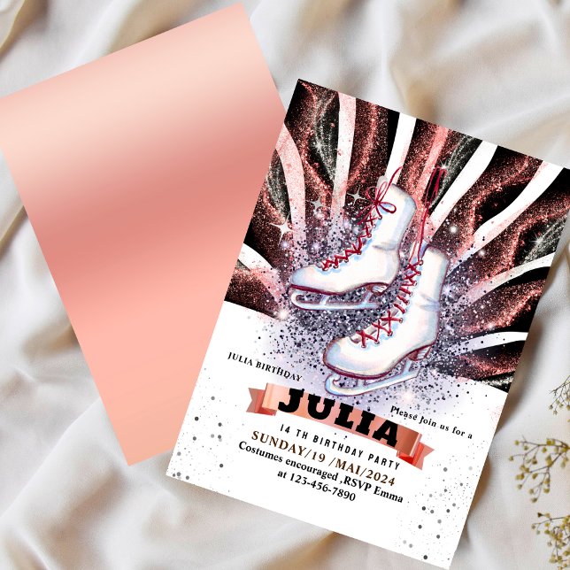 Invitation patins à glace patinage argent rose brillant noir (Créateur téléchargé)