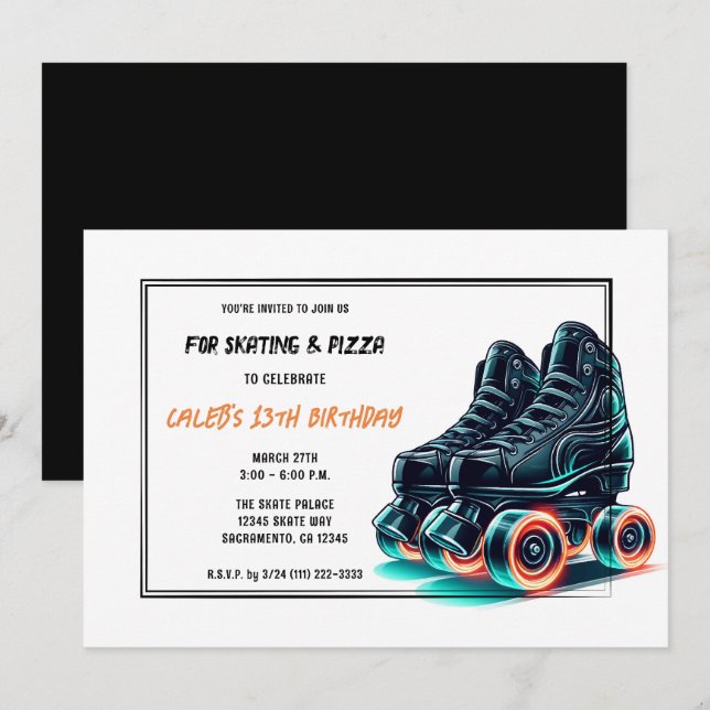 Invitation Patins à rouleaux noirs Orange Glow Anniversaire (Devant / Derrière)