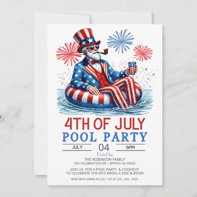 Invitation Patriot rouge blanc et bleu 4 juillet Pool Party (Devant)