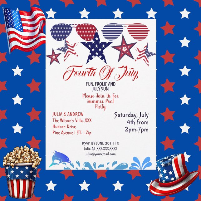 Invitation Patriotic Stars 4 Juillet Lunettes de soleil Pool  (Patriotic Stars 4th July Sunglasses Pool Party Invitation)