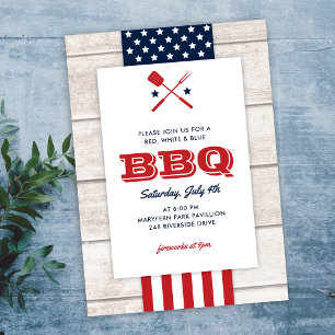 Invitation Patriotique 4 juillet barbecue Bois rustique