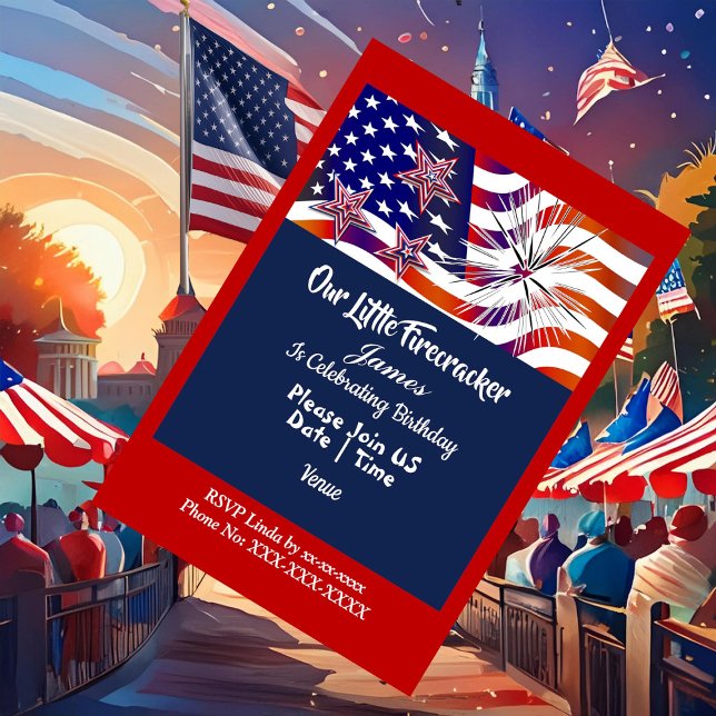 Invitation Patriotique Américain Drapeau Firecracker Annivers (Patriotic American Flag Firecracker Birthday Boy Invitation)