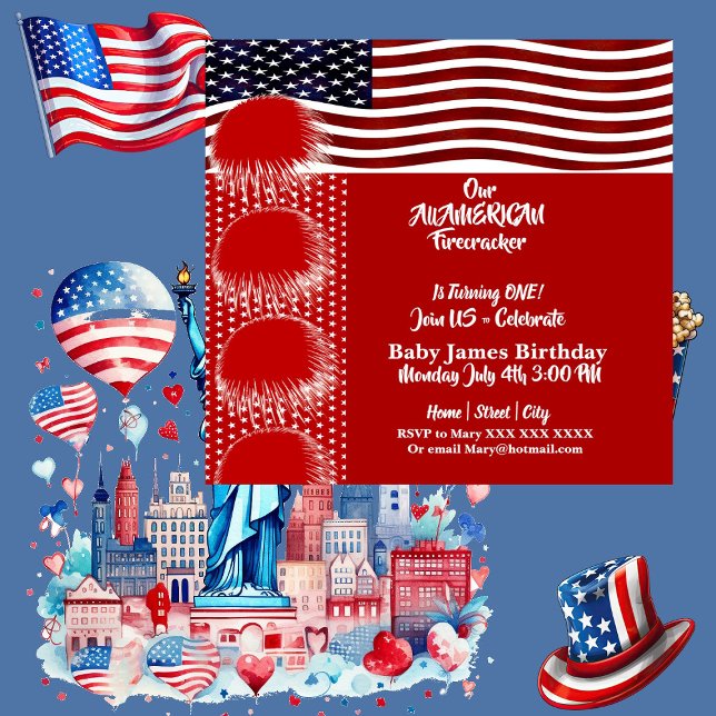 Invitation Patriotique Américain Drapeau Firecracker Annivers (Patriotic American Flag Firecracker Birthday Boy Invitation)