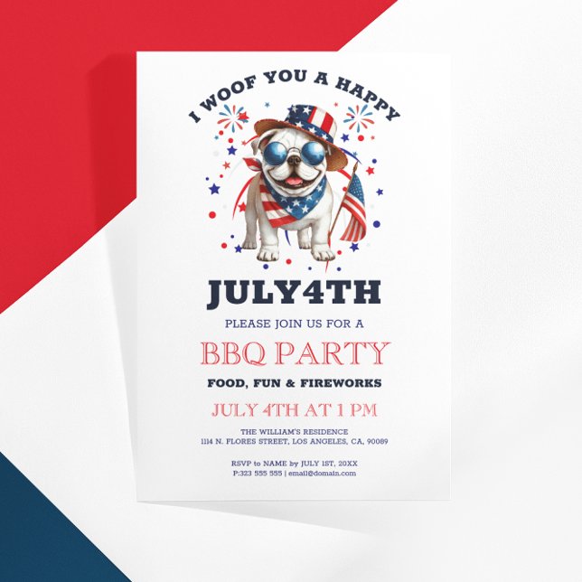 Invitation Patriotique Bulldog Woof you Happy Juillet 4 (Créateur téléchargé)