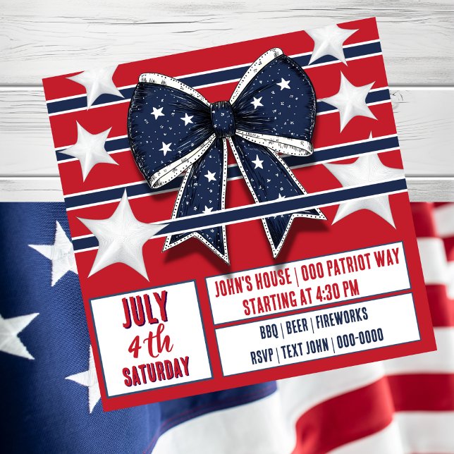 Invitation patriotique du 4 juillet rouge blanc bl (Happy Fourth of July party invitation with coquette bow and stars and stripes. )