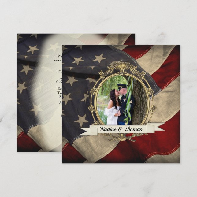 Invitation Patriotique, Elegant USA Mariage drapeau w photo (Devant / Derrière)