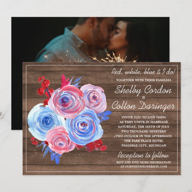 Invitation Patriotique Floral Quart Juillet Mariage photo (Devant / Derrière)
