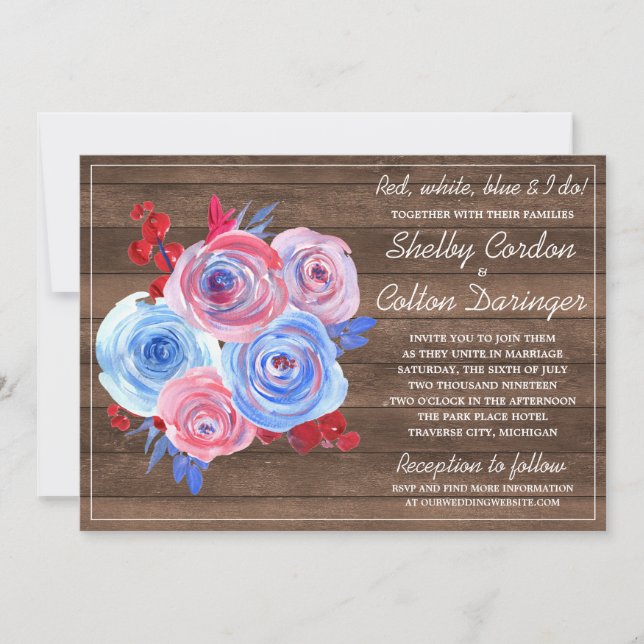 Invitation Patriotique Floral Quart Juillet Rustique Mariage (Devant)