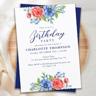 Invitation Patriotique Floral Rouge Bleu Bleu Anniversaire
