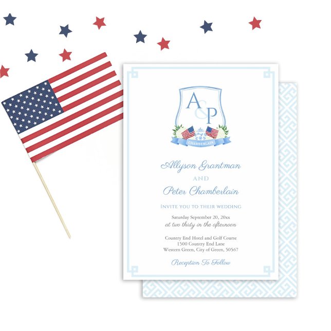 Invitation Patriotique Nouvelle-Angleterre Hydrangea Mariage  (Patriotic Red White And Blue Watercolor Crest Wedding Invitation With Blue White Greek Key Backer)