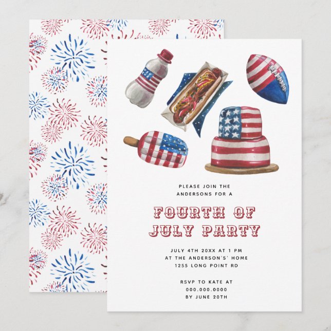 Invitation Patriotique Red & Blue BBQ moderne 4 juillet Party (Devant / Derrière)