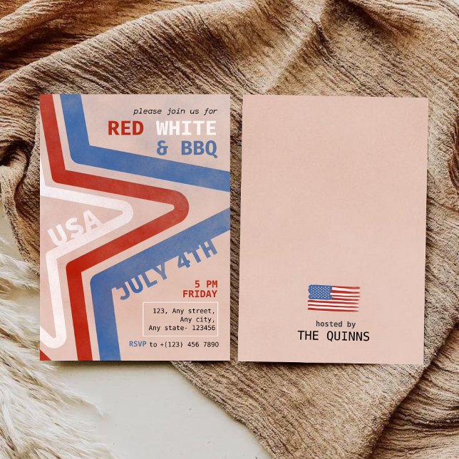 Invitation Patriotique Rouge Blanc & BBQ Juillet 4 Retro (Créateur téléchargé)