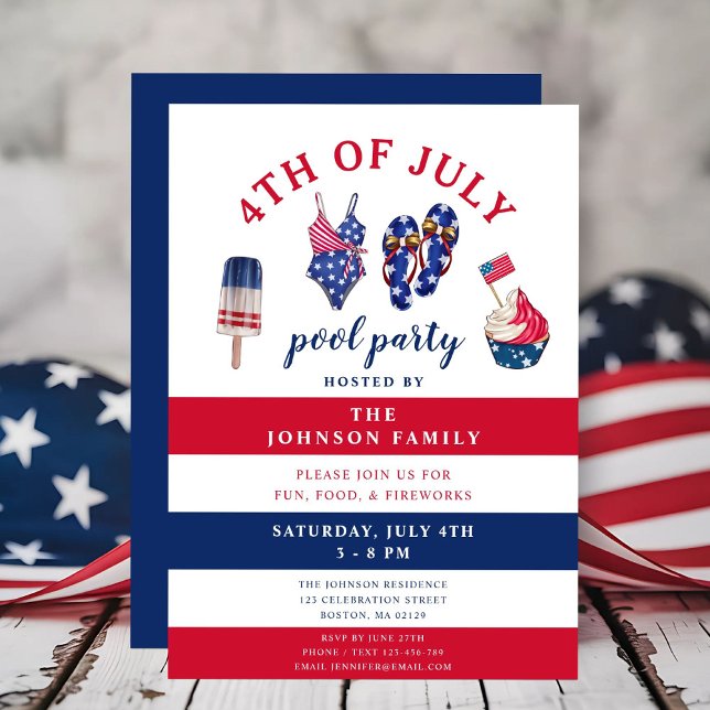 Invitation Patriotique Rouge Blanc & Bleu Juillet Pool Party  (Patriotic Red White & Blue July Pool Party 4th Of Invitation Card.)