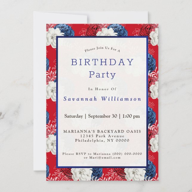 Invitation Patriotique Rouge Bleu Bleu Rose Anniversaire (Devant)