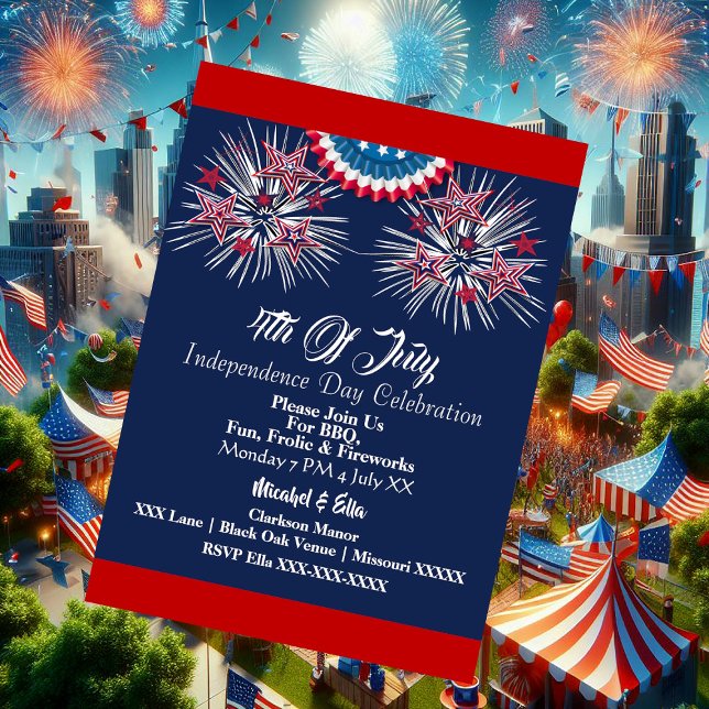 Invitation Patriotique US 4 Juillet Firecracker BBQ Party Blu (US Patriotic 4th July Firecracker BBQ Party Blue Invitation)