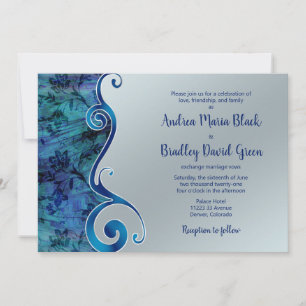 Invitation Paua Blue Silver Floral Scroll