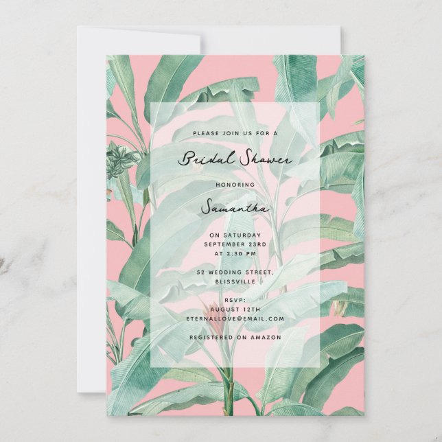 Invitation Paume rose moderne Tropical Feuille Fête des marié (Devant)