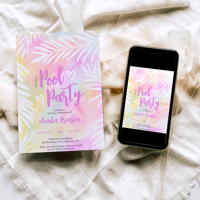 Invitation Paume tropicale piscine d'aquarelle Sweet 16 (Créateur téléchargé)