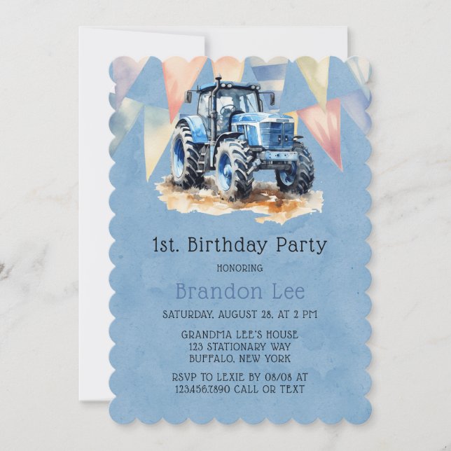 Invitation Pavillon bleu Aquarelle Boy 1er. Jour d'anniversai (Devant)