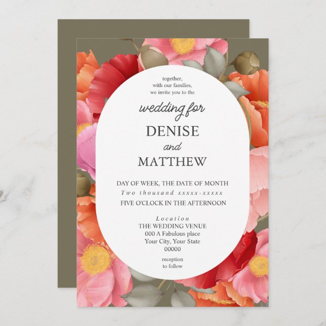 Invitation Pavot d'aquarelle sur Martini vert olive (Devant / Derrière)