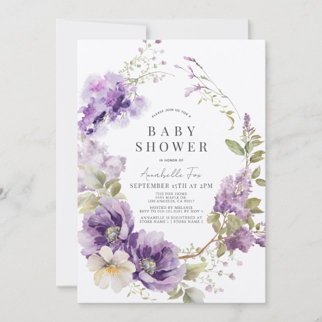 Invitation Pavot pourpre et Baby shower floral Lilac (Devant)