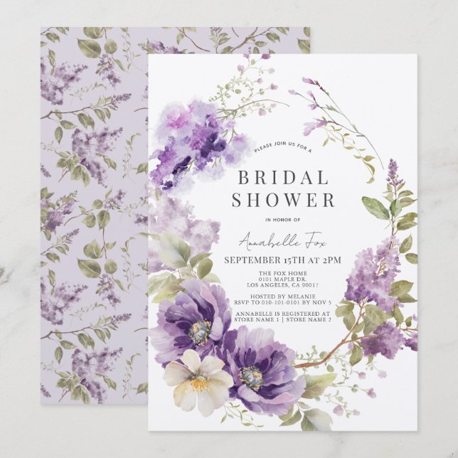 Invitation Pavot pourpre et Fête des mariées florale Lilac (Devant / Derrière)
