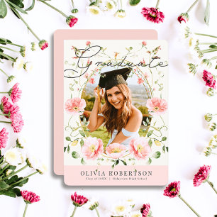 Invitation Pavot rose Aquarelle Florale Photo Graduation