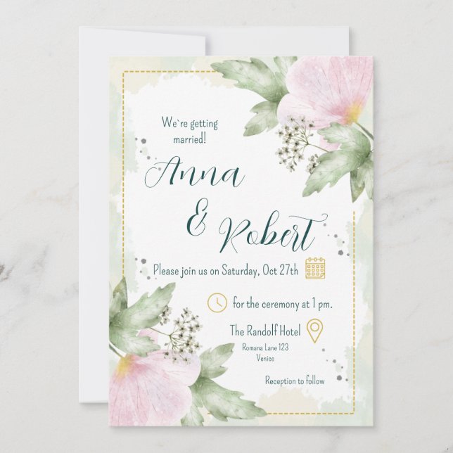 Invitation Pavot rose Mariage d'aquarelle (Devant)