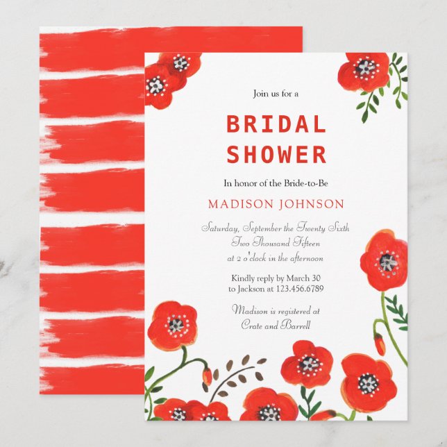 Invitation pavot rouge floral moderne mariage douche nuptiale (Devant / Derrière)