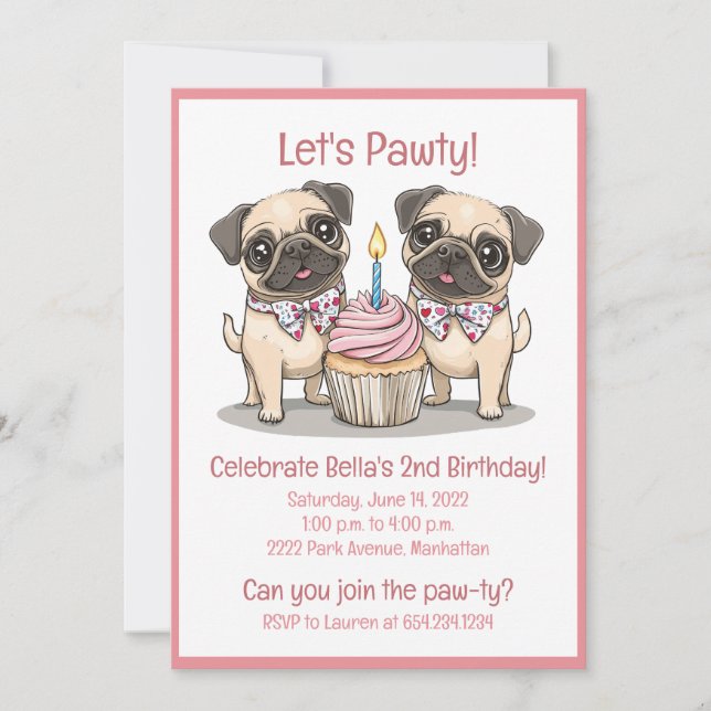 Invitation Pawty Birthday Carlin Dogs Cupcake (Devant)