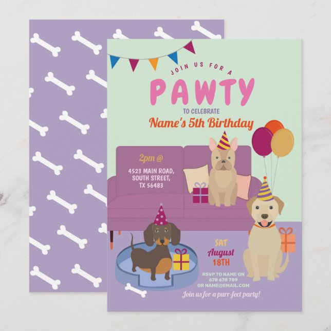 Invitation Pawty Birthday Dogs Party Puppy s'amuse violette (Devant / Derrière)