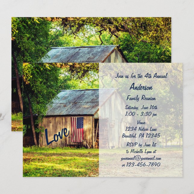 Invitation Pays Barn American Drapeau Amour Famille Réunion (Devant / Derrière)