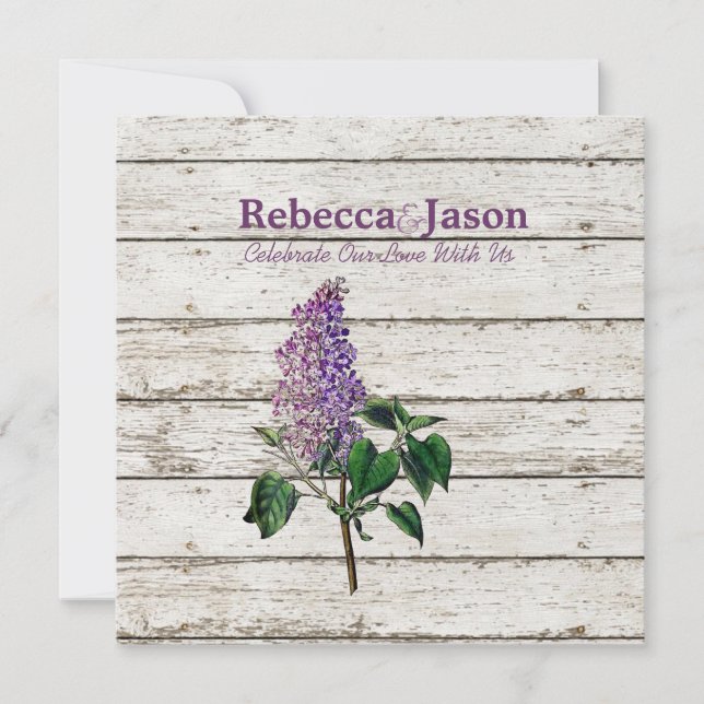 Invitation pays blanc grange bois violet lilas mariage (Devant)