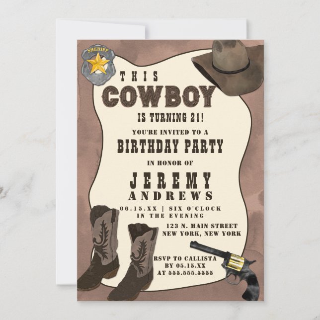 Invitation Pays Brown Cowboy Aquarelle Anniversaire (Devant)