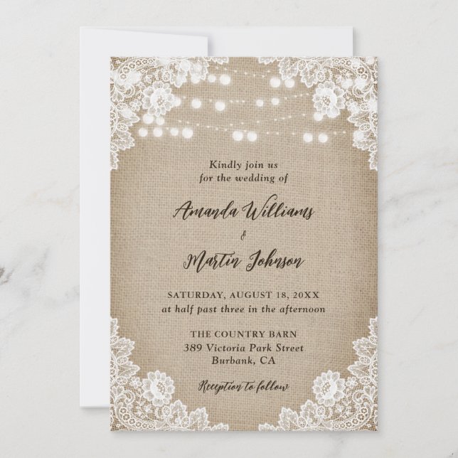 Invitation Pays Burlap Floral dentelle Mariage (Devant)