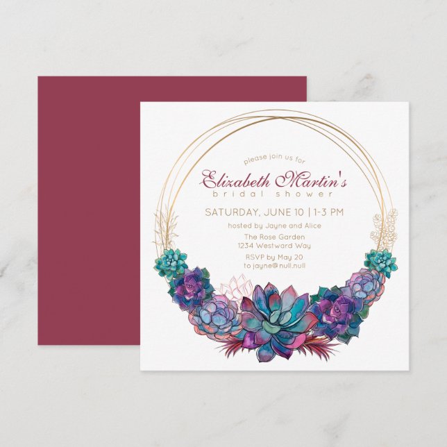 Invitation Pays Chic Aquarelle Fête des mariées Succulente (Devant / Derrière)