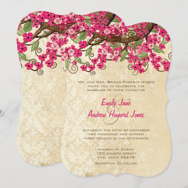 Invitation Pays Chic rose cerise fleurs mariage invite (Devant / Derrière)