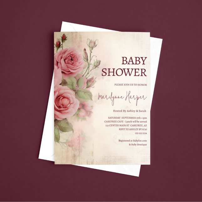 Invitation Pays de France Baby shower Rose Vintage (Créateur téléchargé)