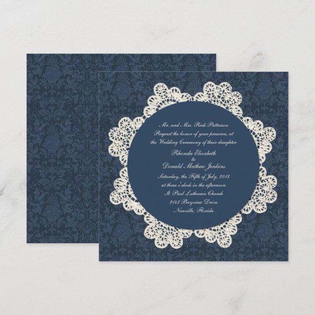 Invitation Pays Denim Damask & Ivory Lace Mariage (Devant / Derrière)