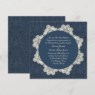 Invitation Pays Denim Damask & Ivory Lace Mariage