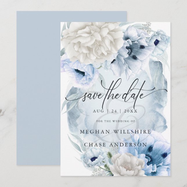 Invitation Pays Elégant Floral Aquarelle Fleurs Bleues (Devant / Derrière)