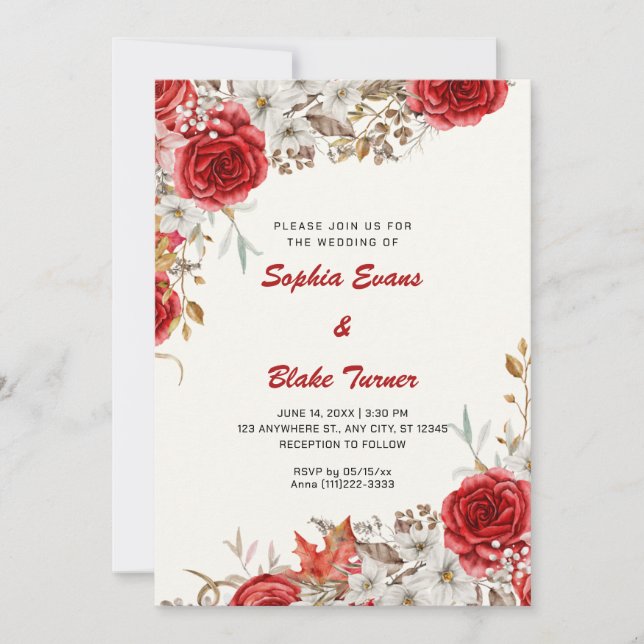 Invitation Pays élégant Roses rouges chute Crème blanche Mari (Devant)