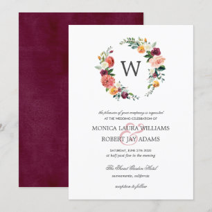 Invitation Pays Fleur Autum Floral Wreath Monogramme Mariage
