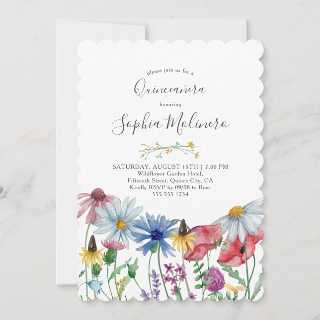 Invitation Pays Fleurs sauvages Jolie aquarelle Quinceanera (Devant)