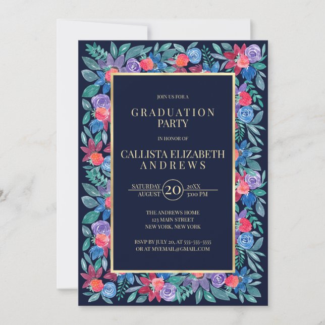 Invitation Pays Floral Fraises Aquarelle Graduation (Devant)