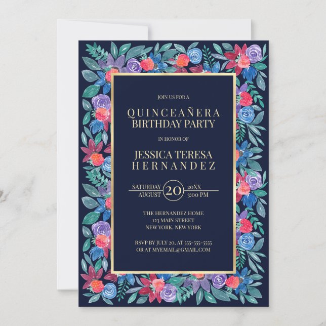 Invitation Pays Floral Fraises Aquarelle Quinceañera (Devant)